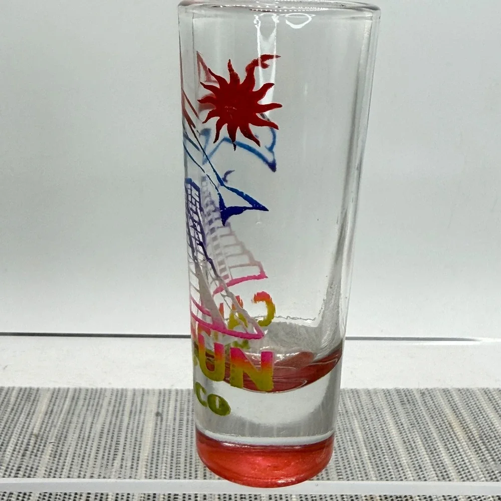 Cancun Mexico Souvenir Shot Glass‎ Tall Shooter Dolphin Mayan Pyramid Red Base